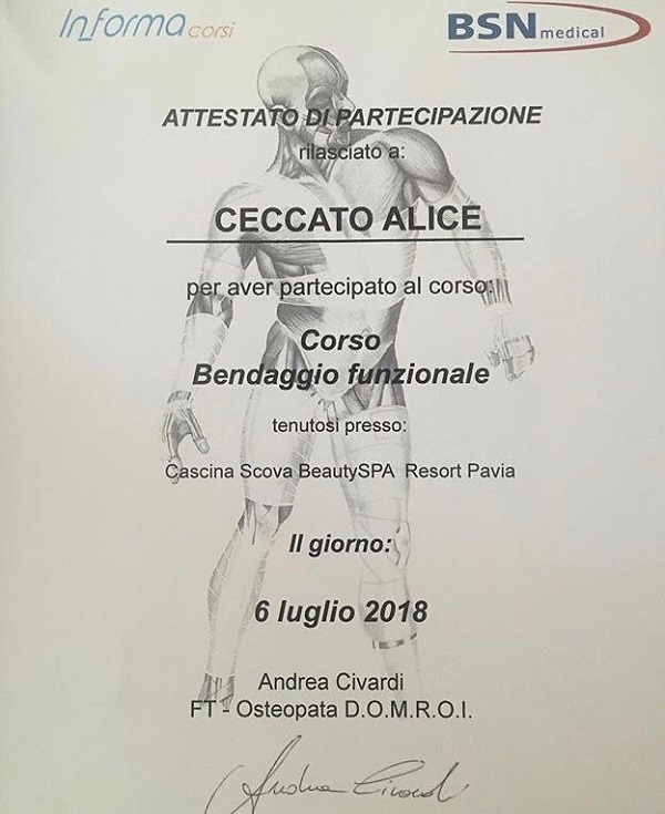 Attestato Bendaggio Funzionale - Osteopata Milano Mecenate Alice Ceccato