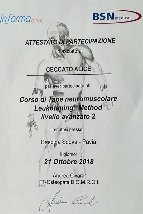 Attestato Leukotaping Avanzato - Osteopata Milano Mecenate Alice Ceccato