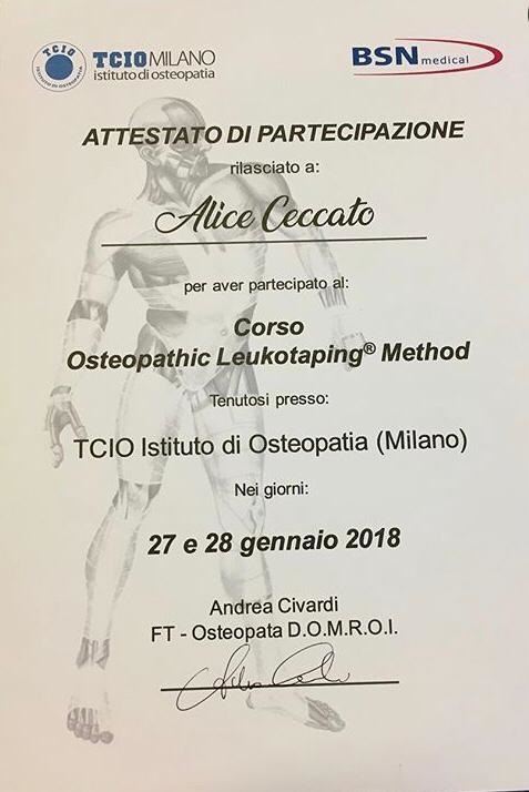 Attestato Leukotaping Base - Osteopata Milano Mecenate Alice Ceccato